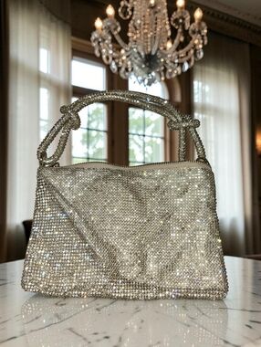 Gold Rhinestone Shoulder Bag Sparkly Crystal Purse Glam Evening Bag Knot Handle